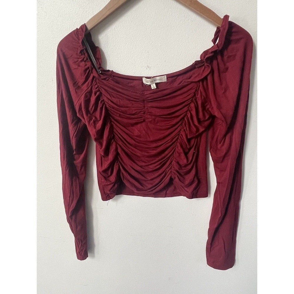 See The Shades Womens Burgundy Ruched Long Sleeve Cropped Bodycon Large Shirt